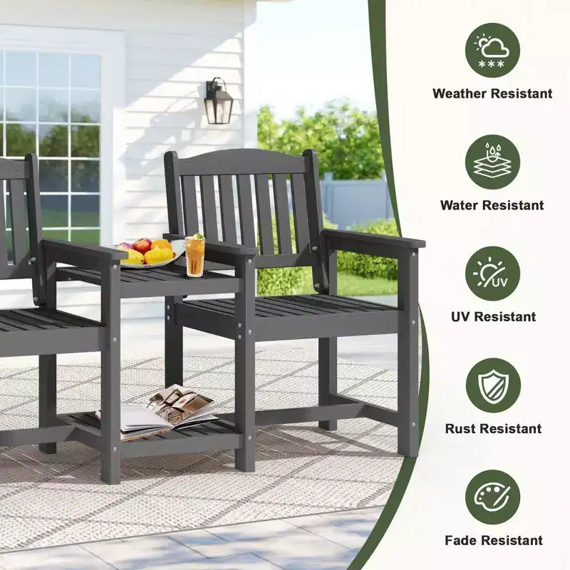 Hyleory HDPE Doppia Sedia da Esterno con Tavolino Laterale a 2 Livelli, Divanetto da Giardino Resistente alle Intemperie con Tavolo Integrato