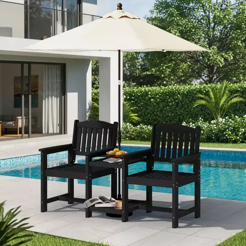 Hyleory HDPE Doppia Sedia da Esterno con Tavolino Laterale a 2 Livelli, Divanetto da Giardino Resistente alle Intemperie con Tavolo Integrato