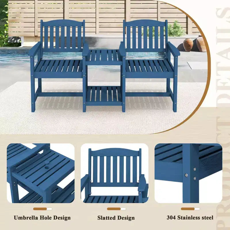 Hyleory HDPE Doppia Sedia da Esterno con Tavolino Laterale a 2 Livelli, Divanetto da Giardino Resistente alle Intemperie con Tavolo Integrato
