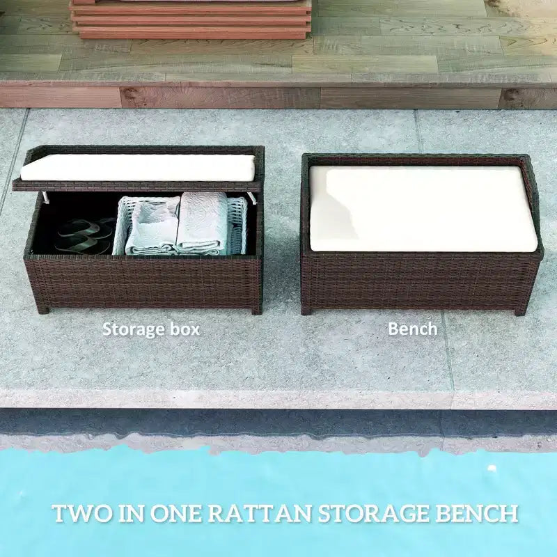 Outdoor Wicker Storage Bench with Storage & Cushion