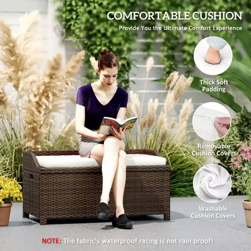 Outdoor Wicker Storage Bench with Storage & Cushion
