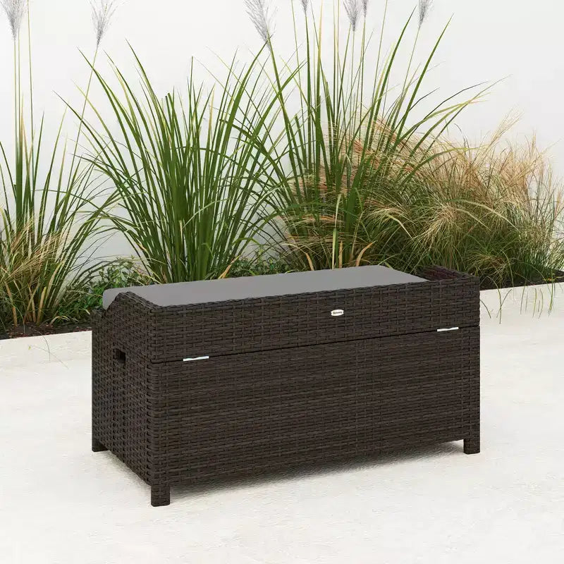 Outdoor Wicker Storage Bench with Storage & Cushion
