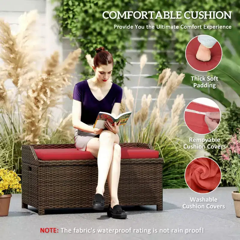 Outdoor Wicker Storage Bench with Storage & Cushion