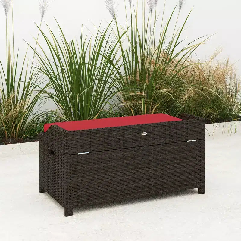 Outdoor Wicker Storage Bench with Storage & Cushion