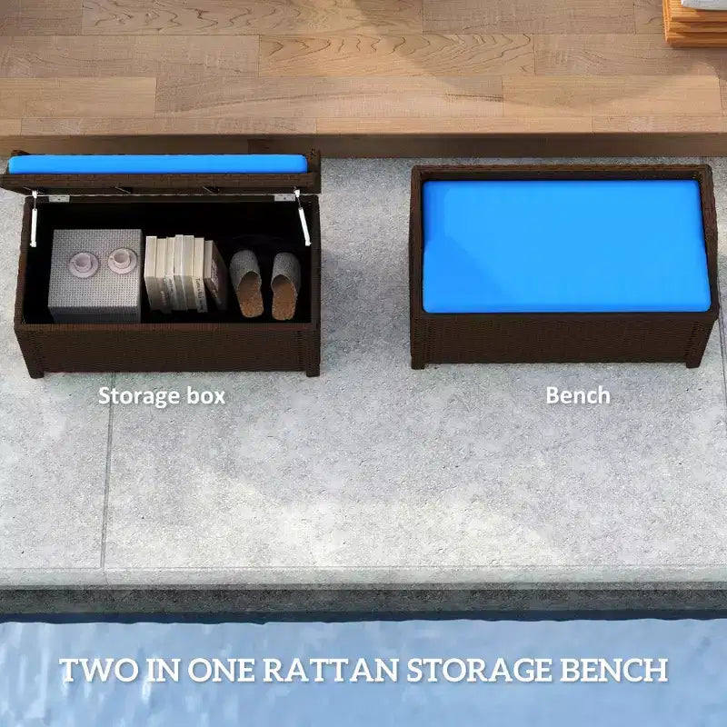 Outdoor Wicker Storage Bench with Storage & Cushion