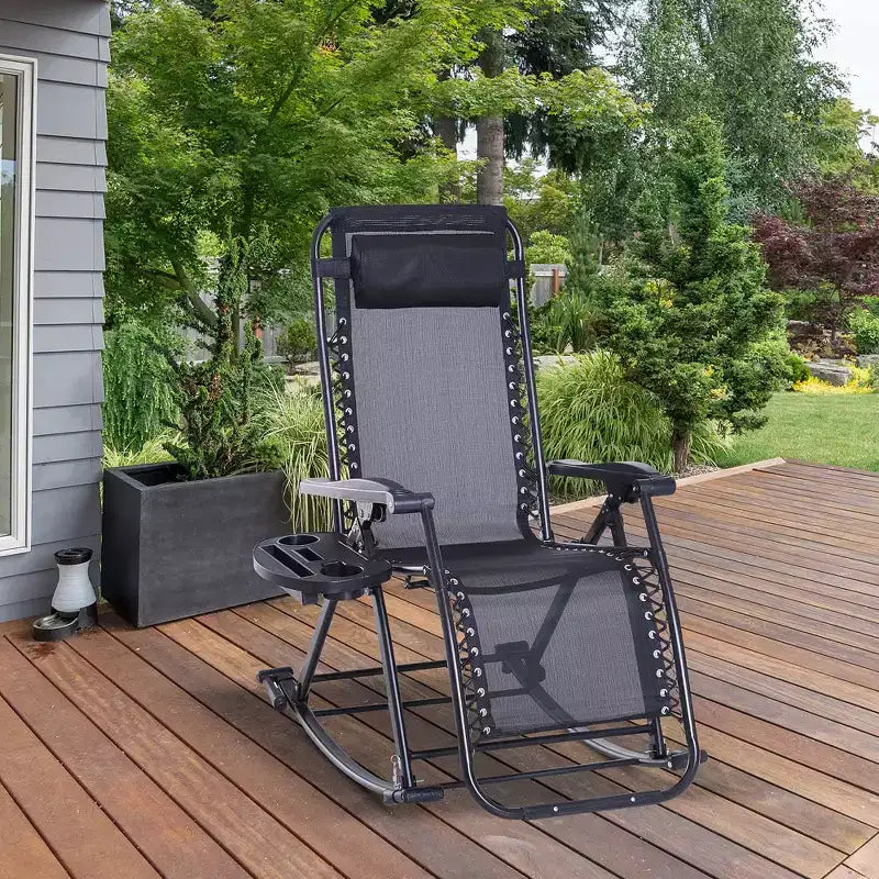 Outdoor Rocking Chairs, Foldable Reclining Zero Gravity Lounge Rocker with Pillow, Cup & Phone Holder, Combo Design with Folding Legs
