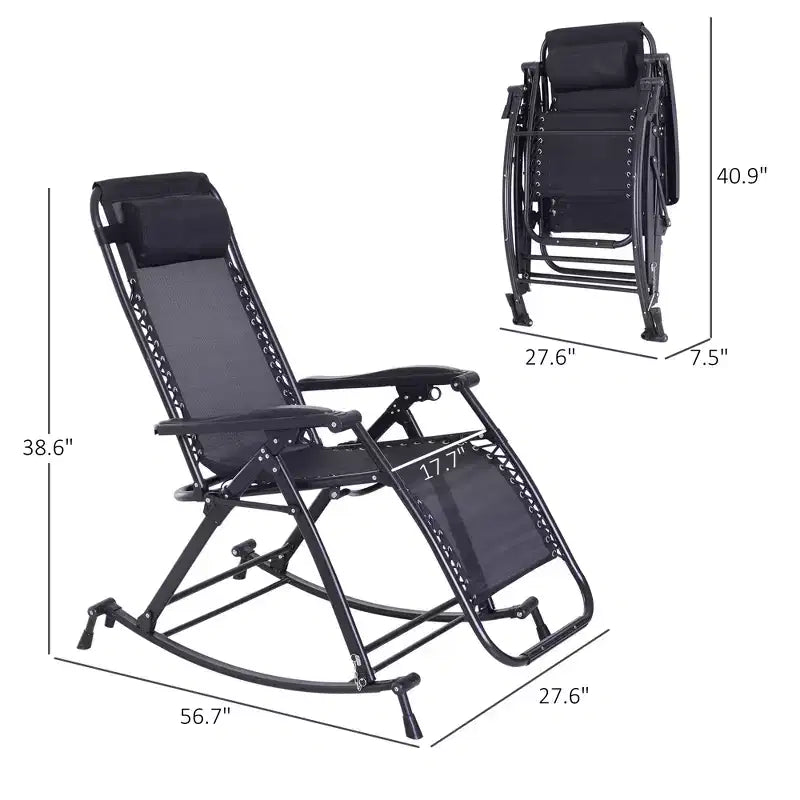 Outdoor Rocking Chairs, Foldable Reclining Zero Gravity Lounge Rocker with Pillow, Cup & Phone Holder, Combo Design with Folding Legs