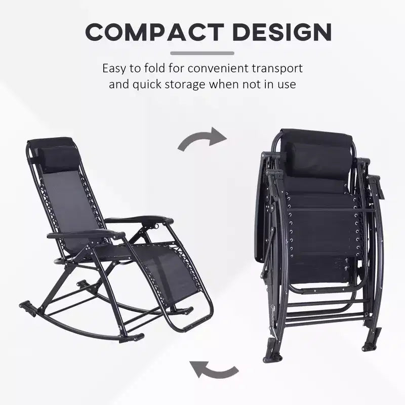 Outdoor Rocking Chairs, Foldable Reclining Zero Gravity Lounge Rocker with Pillow, Cup & Phone Holder, Combo Design with Folding Legs