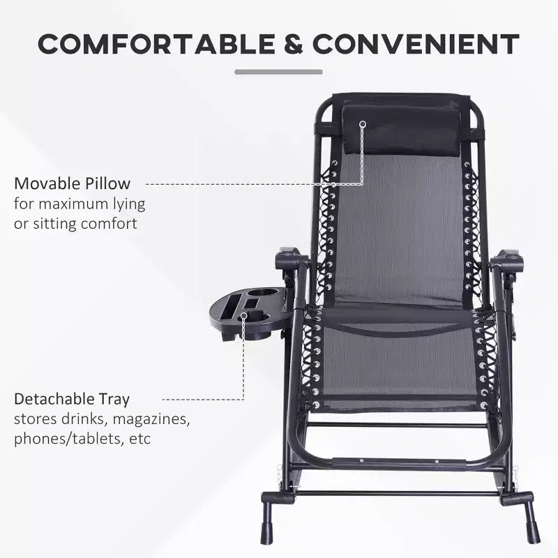 Outdoor Rocking Chairs, Foldable Reclining Zero Gravity Lounge Rocker with Pillow, Cup & Phone Holder, Combo Design with Folding Legs