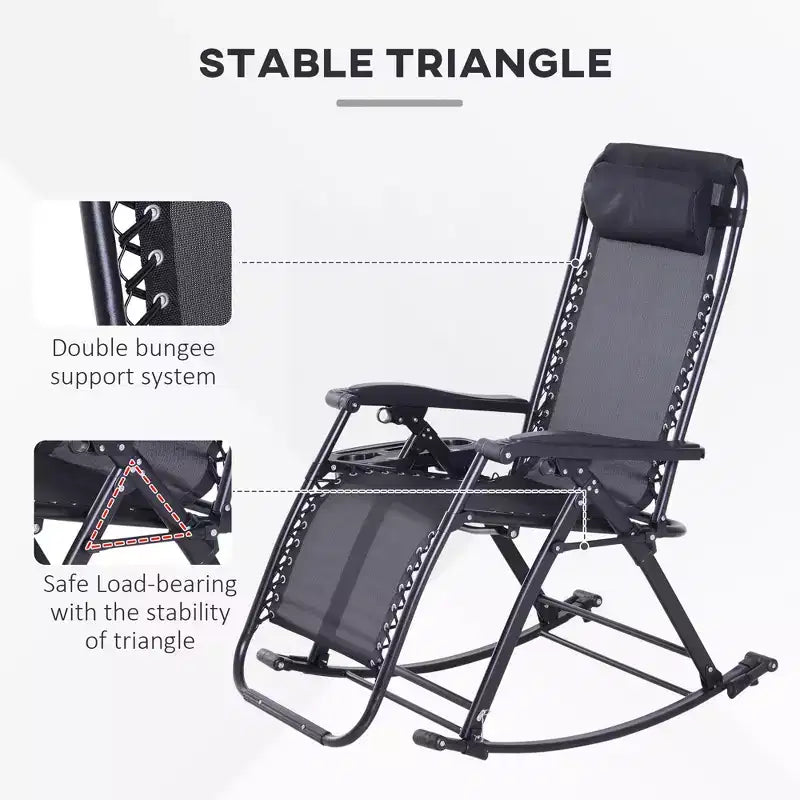 Outdoor Rocking Chairs, Foldable Reclining Zero Gravity Lounge Rocker with Pillow, Cup & Phone Holder, Combo Design with Folding Legs