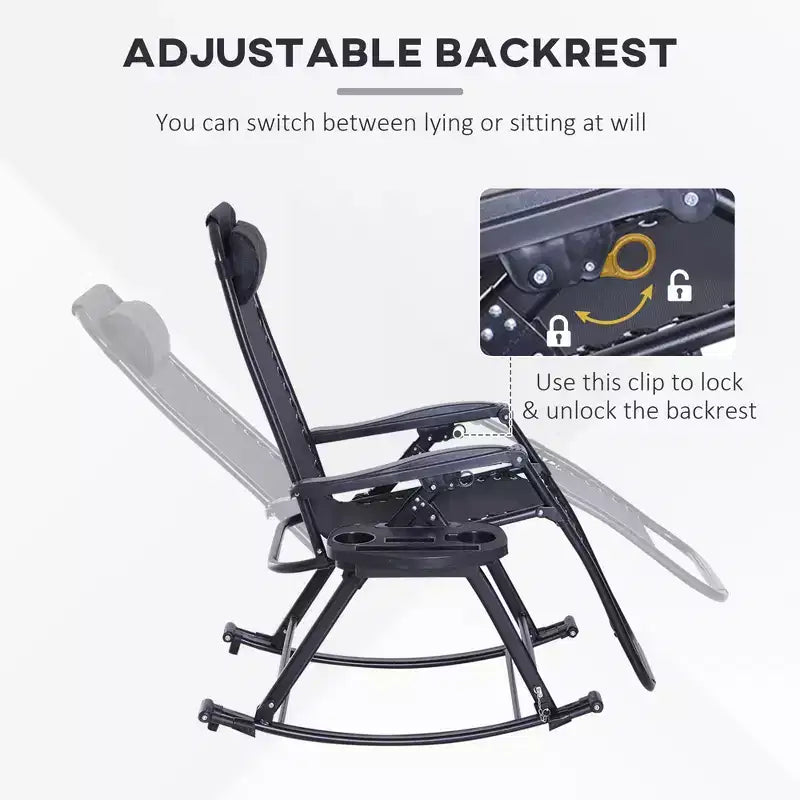 Outdoor Rocking Chairs, Foldable Reclining Zero Gravity Lounge Rocker with Pillow, Cup & Phone Holder, Combo Design with Folding Legs