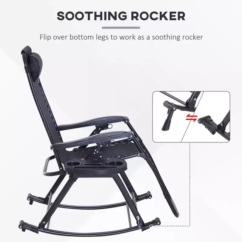Outdoor Rocking Chairs, Foldable Reclining Zero Gravity Lounge Rocker with Pillow, Cup & Phone Holder, Combo Design with Folding Legs