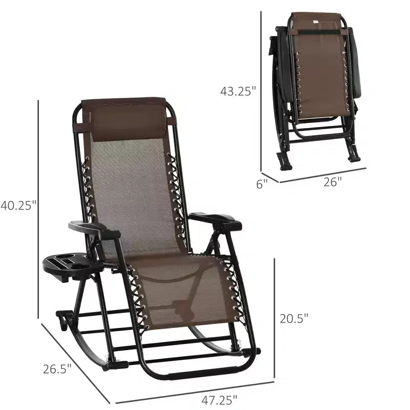 Outdoor Rocking Chairs, Foldable Reclining Zero Gravity Lounge Rocker with Pillow, Cup & Phone Holder, Combo Design with Folding Legs
