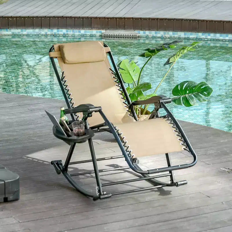 Outdoor Rocking Chairs, Foldable Reclining Zero Gravity Lounge Rocker with Pillow, Cup & Phone Holder, Combo Design with Folding Legs