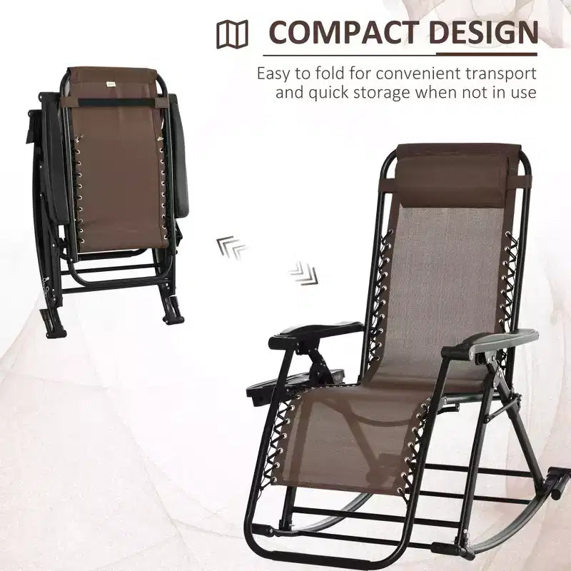 Outdoor Rocking Chairs, Foldable Reclining Zero Gravity Lounge Rocker with Pillow, Cup & Phone Holder, Combo Design with Folding Legs