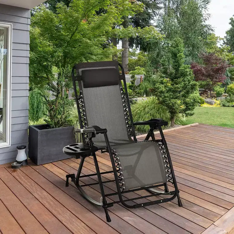 Outdoor Rocking Chairs, Foldable Reclining Zero Gravity Lounge Rocker with Pillow, Cup & Phone Holder, Combo Design with Folding Legs
