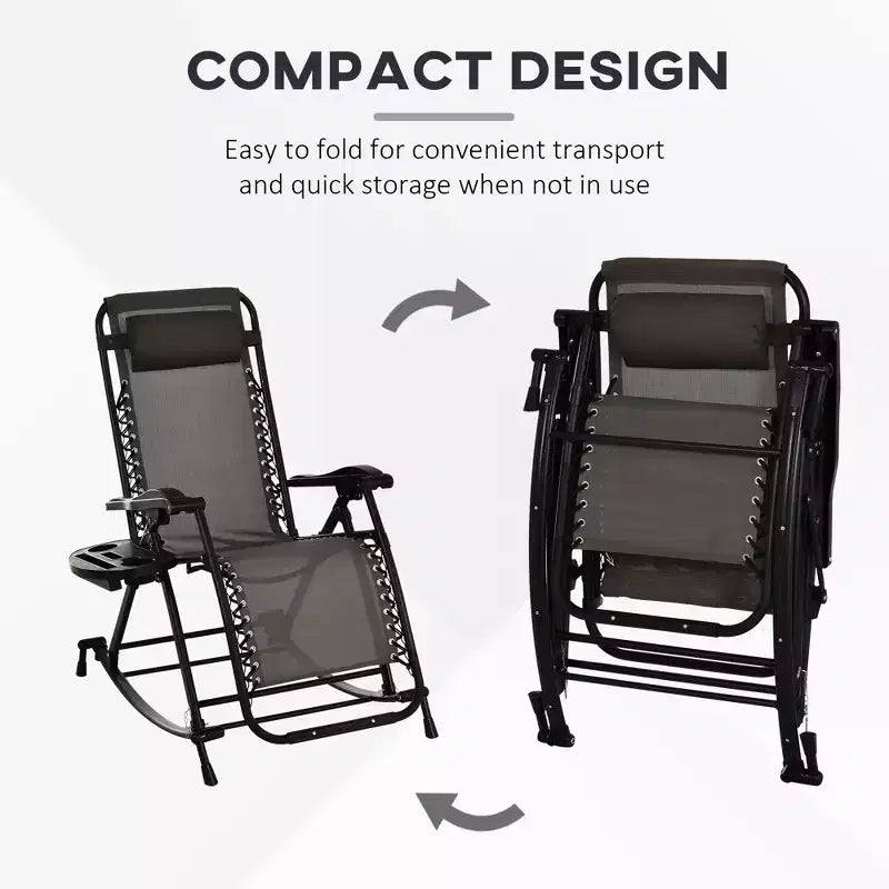 Outdoor Rocking Chairs, Foldable Reclining Zero Gravity Lounge Rocker with Pillow, Cup & Phone Holder, Combo Design with Folding Legs