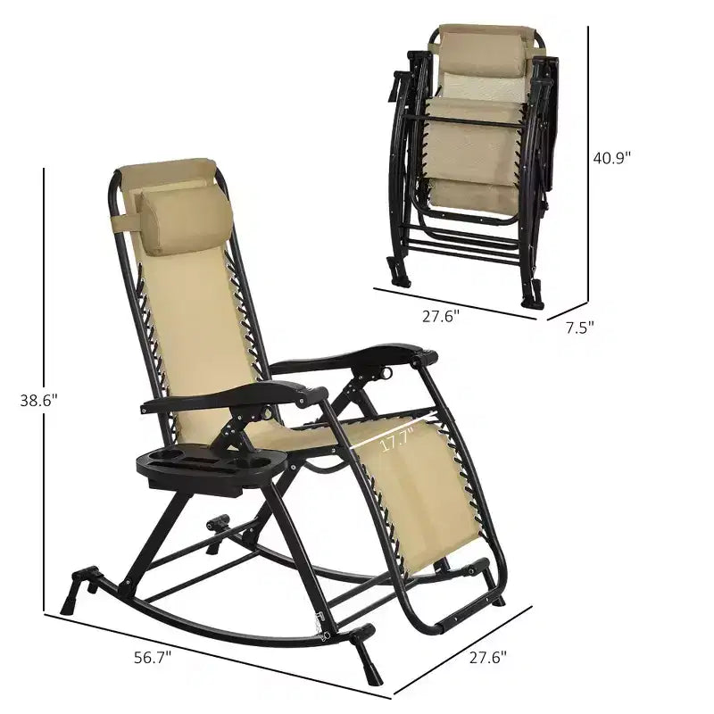 Outdoor Rocking Chairs, Foldable Reclining Zero Gravity Lounge Rocker with Pillow, Cup & Phone Holder, Combo Design with Folding Legs