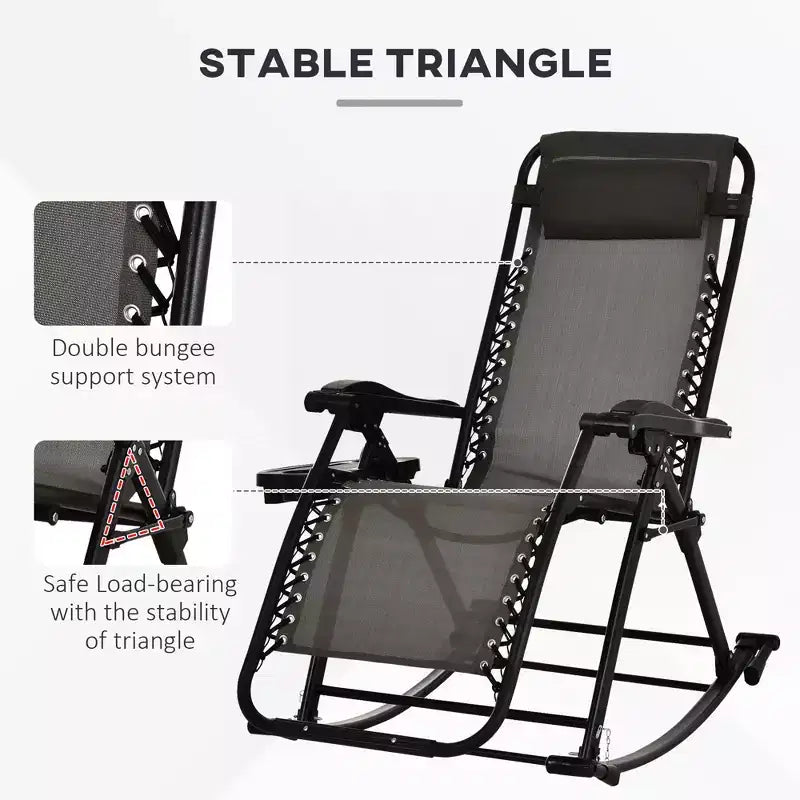 Outdoor Rocking Chairs, Foldable Reclining Zero Gravity Lounge Rocker with Pillow, Cup & Phone Holder, Combo Design with Folding Legs