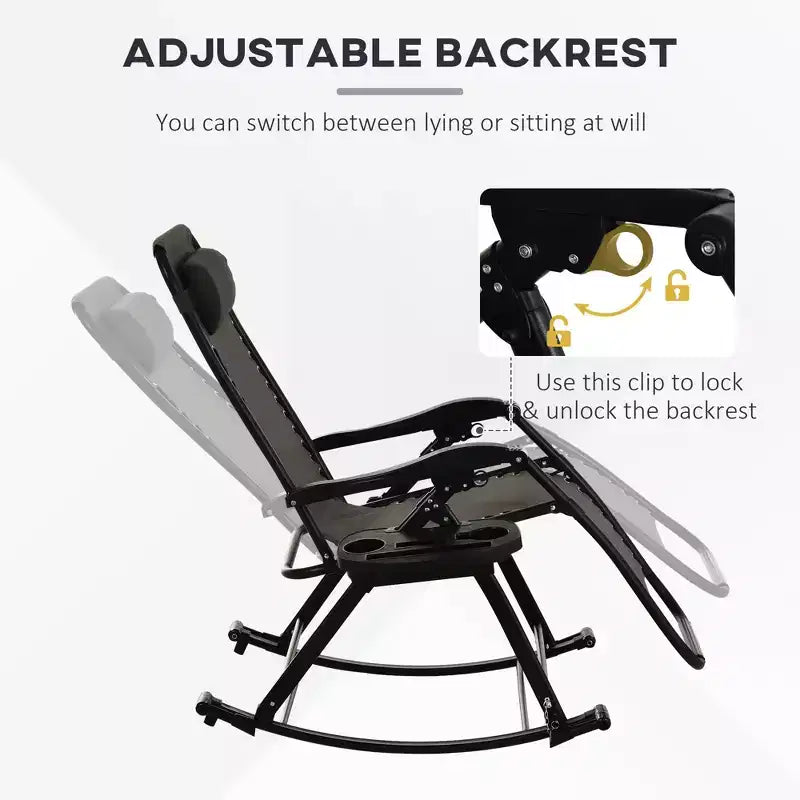 Outdoor Rocking Chairs, Foldable Reclining Zero Gravity Lounge Rocker with Pillow, Cup & Phone Holder, Combo Design with Folding Legs