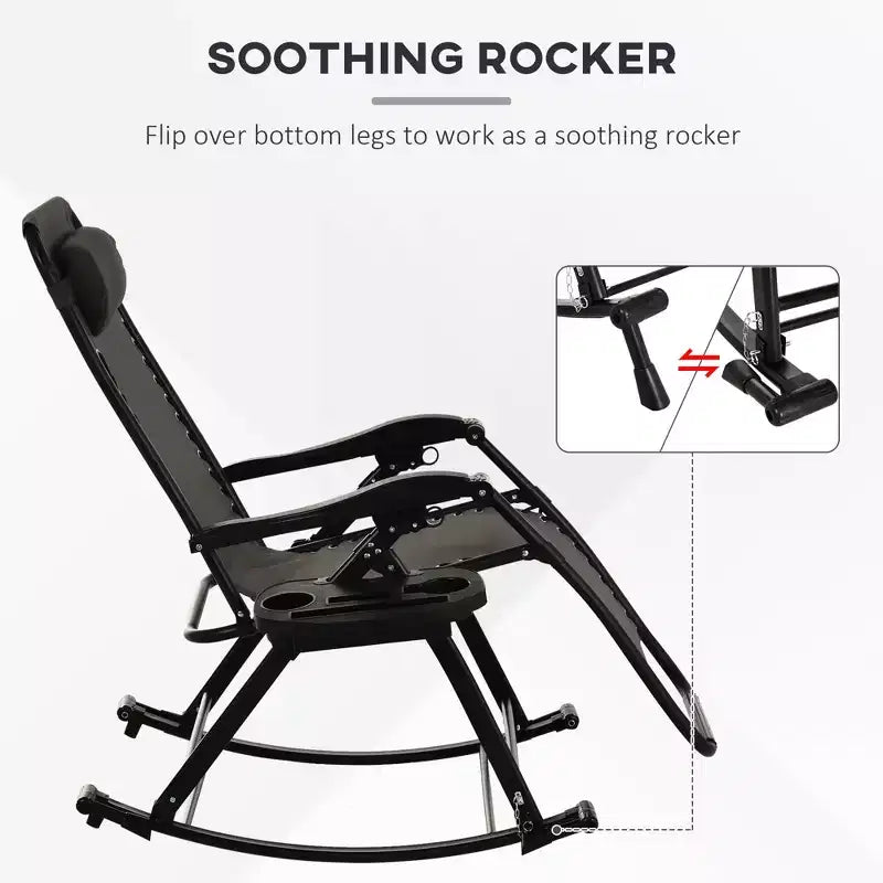 Outdoor Rocking Chairs, Foldable Reclining Zero Gravity Lounge Rocker with Pillow, Cup & Phone Holder, Combo Design with Folding Legs