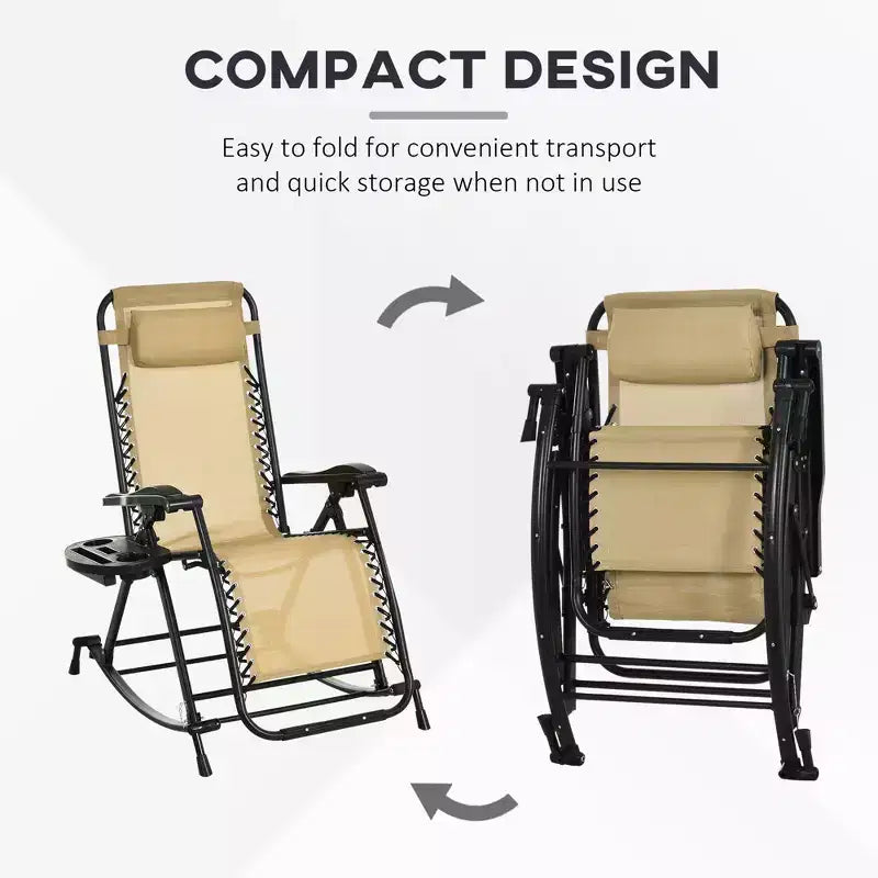 Outdoor Rocking Chairs, Foldable Reclining Zero Gravity Lounge Rocker with Pillow, Cup & Phone Holder, Combo Design with Folding Legs