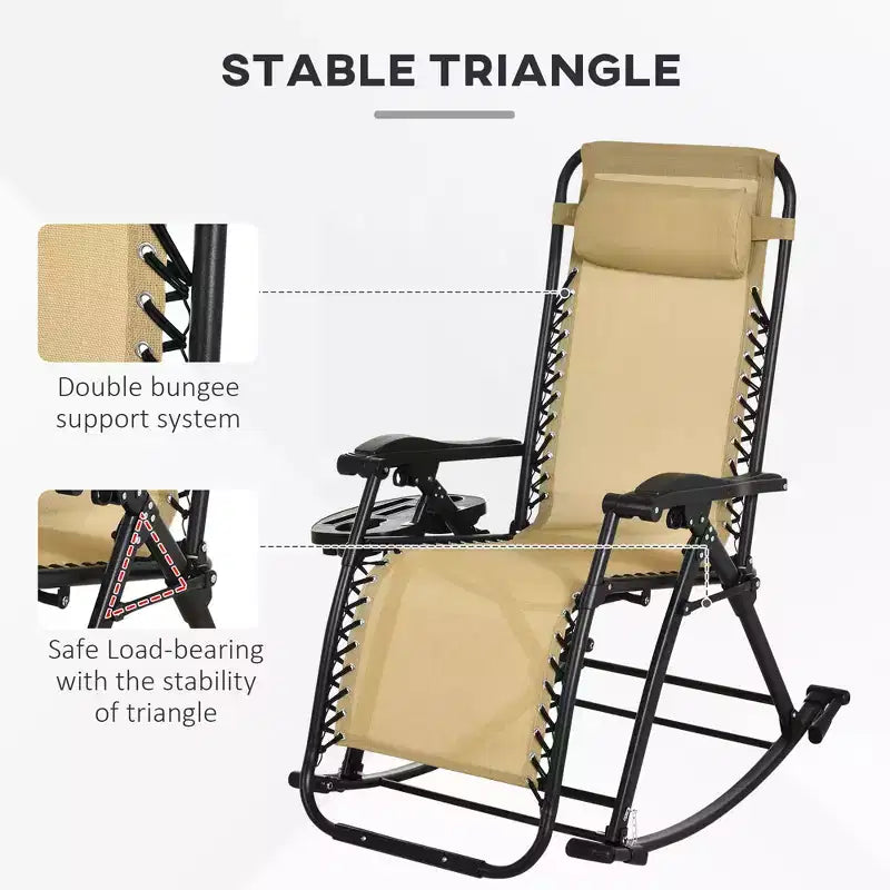 Outdoor Rocking Chairs, Foldable Reclining Zero Gravity Lounge Rocker with Pillow, Cup & Phone Holder, Combo Design with Folding Legs
