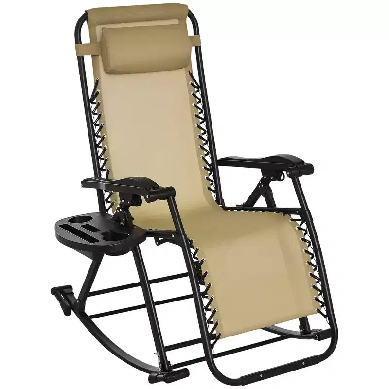 Outdoor Rocking Chairs, Foldable Reclining Zero Gravity Lounge Rocker with Pillow, Cup & Phone Holder, Combo Design with Folding Legs