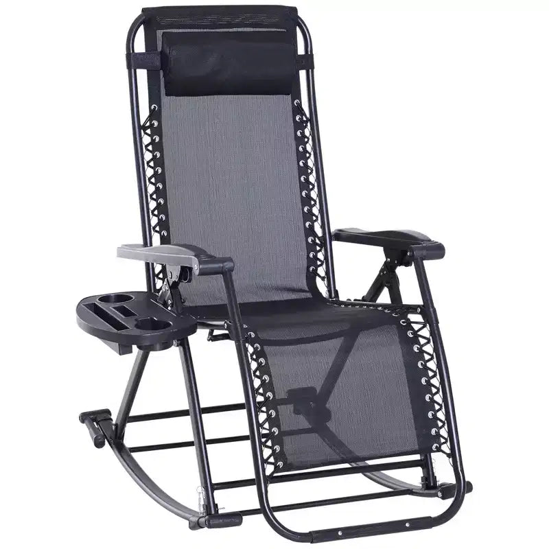 Sedie a dondolo da esterno, Dondolo reclinabile pieghevole a gravità zero con cuscino, portabicchieri e portacellulare, design combinato con gambe pieghevoli