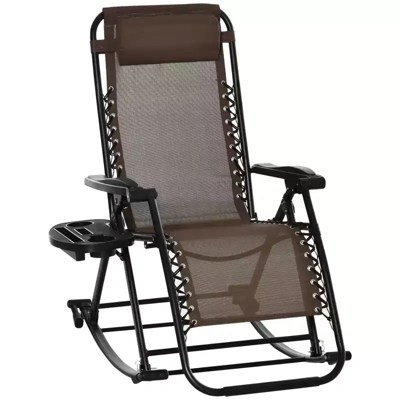 Sedie a dondolo da esterno, Dondolo reclinabile pieghevole a gravità zero con cuscino, portabicchieri e portacellulare, design combinato con gambe pieghevoli