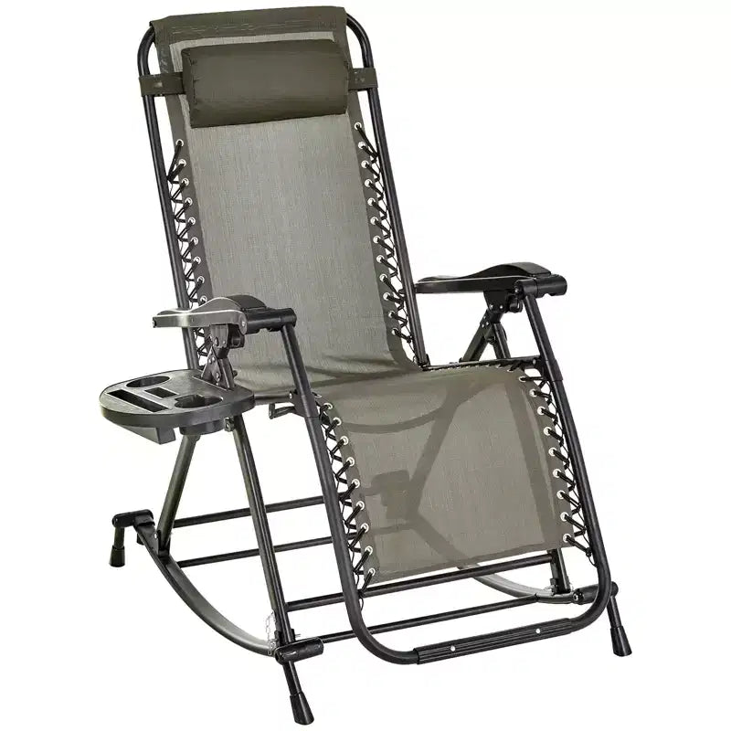 Sedie a dondolo da esterno, Dondolo reclinabile pieghevole a gravità zero con cuscino, portabicchieri e portacellulare, design combinato con gambe pieghevoli