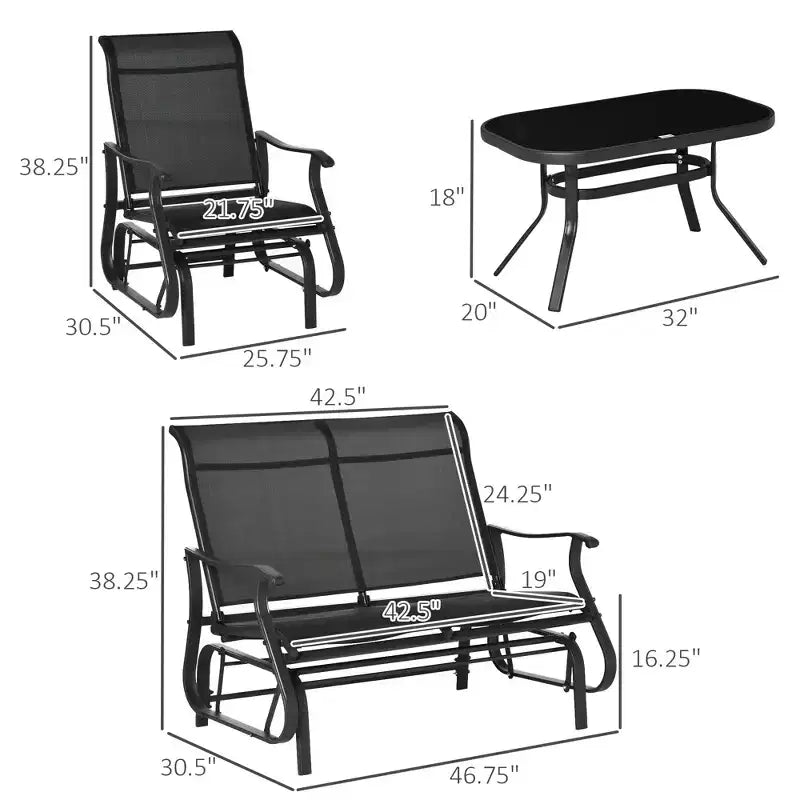 4 Pieces Gliders Set, Outdoor Furniture Sets with 2-Person Glider Patio Bench, Single Sling Chair and Glass Coffee Table for Backyard, Lawn and Garden