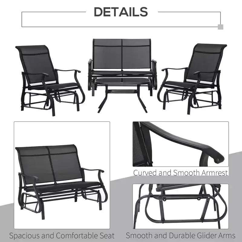 4 Pieces Gliders Set, Outdoor Furniture Sets with 2-Person Glider Patio Bench, Single Sling Chair and Glass Coffee Table for Backyard, Lawn and Garden