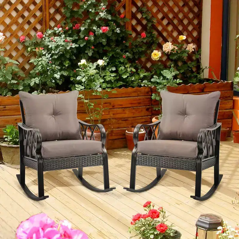 2 Piece Outdoor Wicker Rocking Chairs Rattan Porch Rockers with Cushions, Aluminum Frame for Garden, Patio