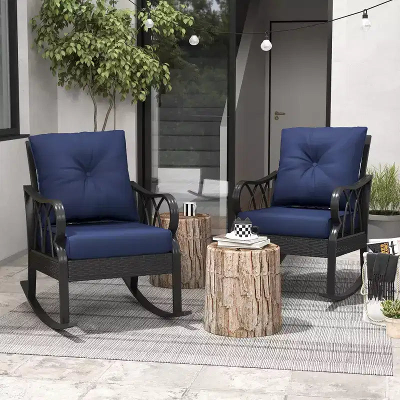 2 Piece Outdoor Wicker Rocking Chairs Rattan Porch Rockers with Cushions, Aluminum Frame for Garden, Patio