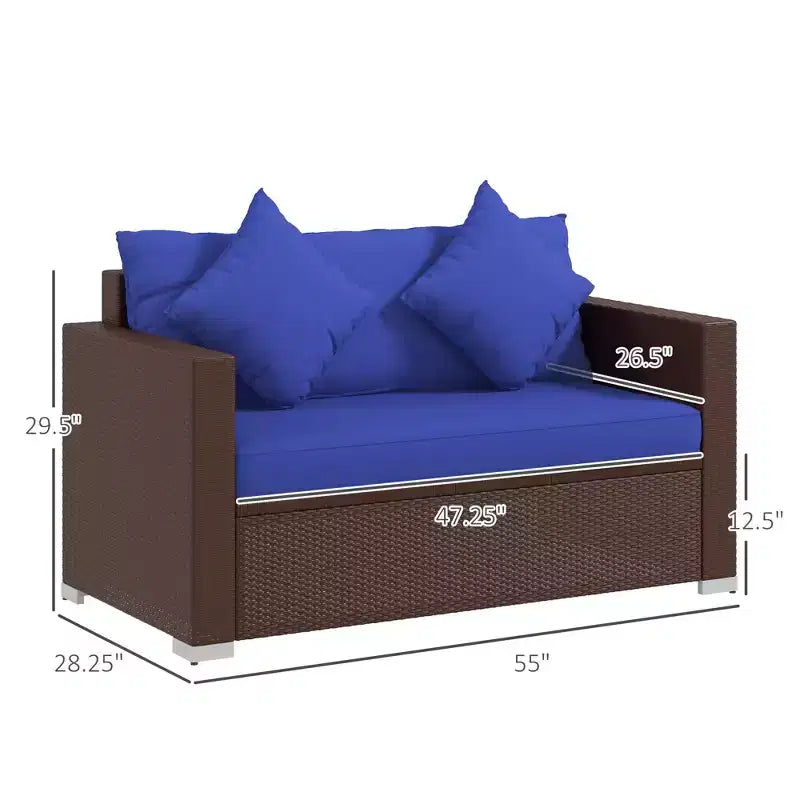 Divanetto in vimini, divano da patio con cuscini, divano a 2 posti in rattan PE, 2 cuscini decorativi