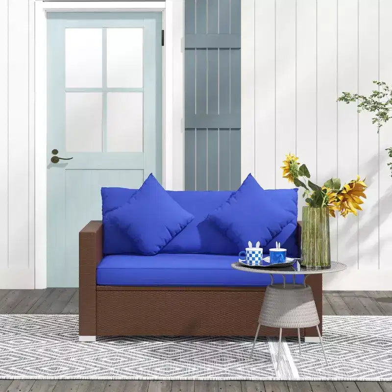 Divanetto in vimini, divano da patio con cuscini, divano a 2 posti in rattan PE, 2 cuscini decorativi