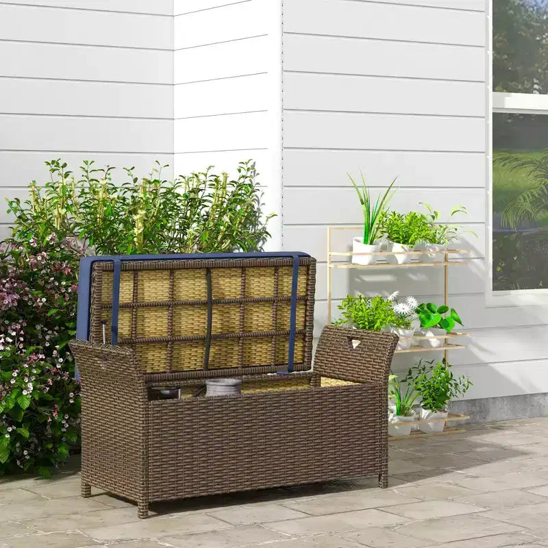 Panca contenitore da giardino in vimini da 29 galloni, mobile da esterno in rattan PE, cassapanca da giardino rettangolare 2 in 1 di grande capacità con maniglie e cuscino