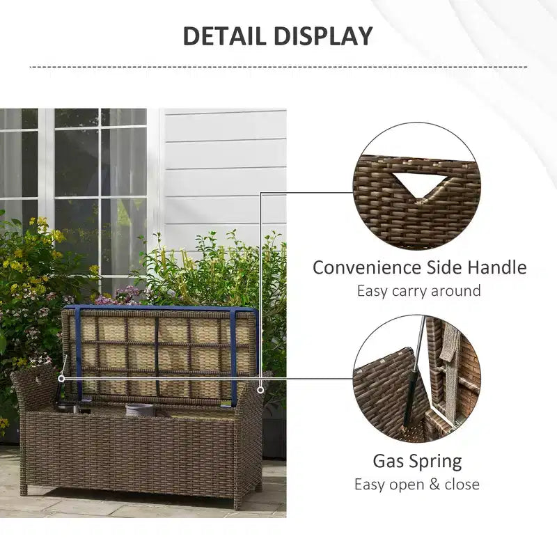 Panca contenitore da giardino in vimini da 29 galloni, mobile da esterno in rattan PE, cassapanca da giardino rettangolare 2 in 1 di grande capacità con maniglie e cuscino