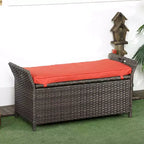 Panca contenitore da giardino in vimini da 29 galloni, mobile da esterno in rattan PE, cassapanca da giardino rettangolare 2 in 1 di grande capacità con maniglie e cuscino