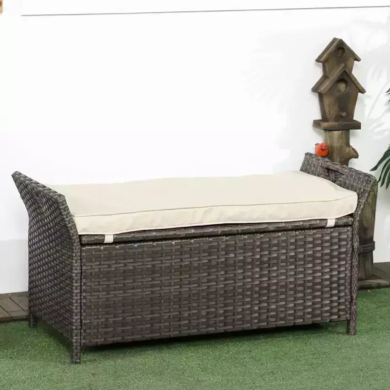 Panca contenitore da giardino in vimini da 29 galloni, mobile da esterno in rattan PE, cassapanca da giardino rettangolare 2 in 1 di grande capacità con maniglie e cuscino