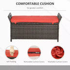 Panca contenitore da giardino in vimini da 29 galloni, mobile da esterno in rattan PE, cassapanca da giardino rettangolare 2 in 1 di grande capacità con maniglie e cuscino