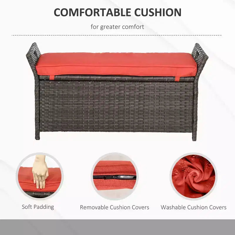 Panca contenitore da giardino in vimini da 29 galloni, mobile da esterno in rattan PE, cassapanca da giardino rettangolare 2 in 1 di grande capacità con maniglie e cuscino