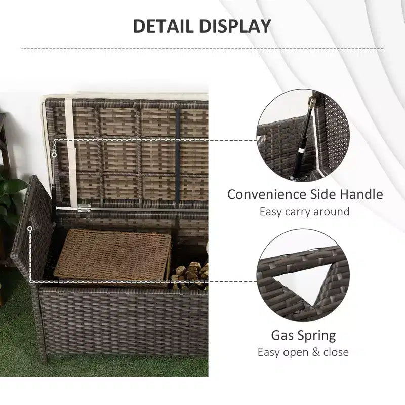 Panca contenitore da giardino in vimini da 29 galloni, mobile da esterno in rattan PE, cassapanca da giardino rettangolare 2 in 1 di grande capacità con maniglie e cuscino