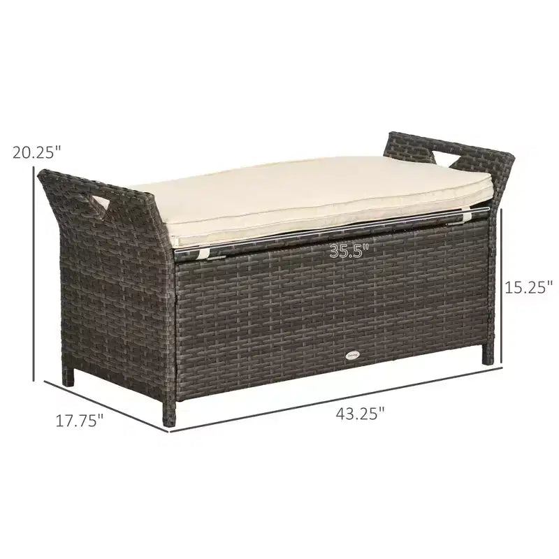 Panca contenitore da giardino in vimini da 29 galloni, mobile da esterno in rattan PE, cassapanca da giardino rettangolare 2 in 1 di grande capacità con maniglie e cuscino