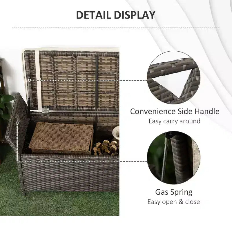 Panca contenitore da giardino in vimini da 29 galloni, mobile da esterno in rattan PE, cassapanca da giardino rettangolare 2 in 1 di grande capacità con maniglie e cuscino