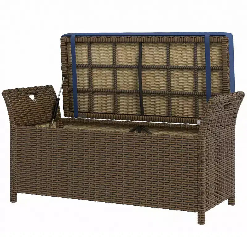 29 Gallon Patio Wicker Storage Bench, Outdoor PE Rattan Patio Furniture, 2-In-1 Large Capacity Rectangle Garden Storage Box with Handles and Cushion