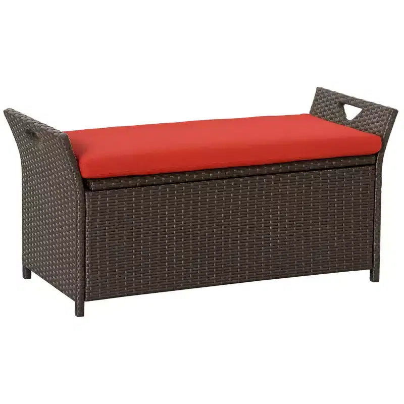29 Gallon Patio Wicker Storage Bench, Outdoor PE Rattan Patio Furniture, 2-In-1 Large Capacity Rectangle Garden Storage Box with Handles and Cushion