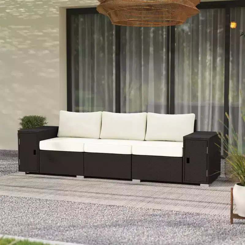 Divano da Esterno a 3 Posti in Rattan con Contenitore, Cuscini Spessi e Braccioli Ampi per Veranda e Giardino