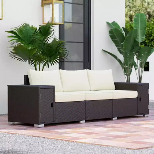 3 Seater Wicker Outdoor Couch Patio Sofa with Storage, Thickened Cushions and Wide Armrests for Porch Yard